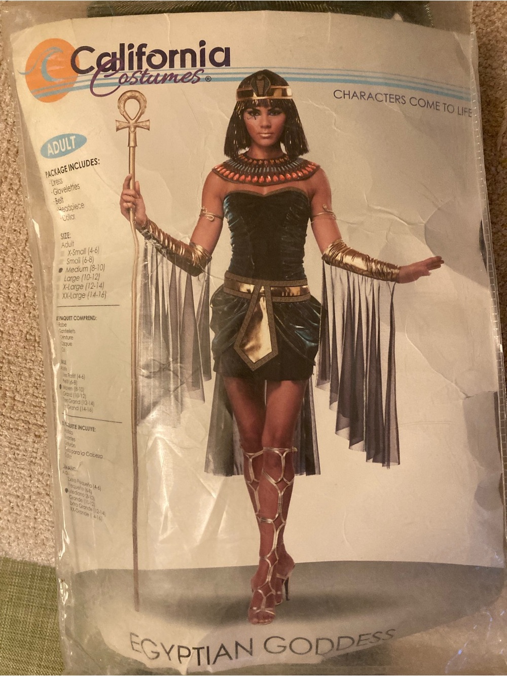 Egyptian Goddess Costume, Medium Adult (8/10) - Missing Gloves